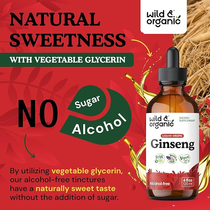 Wild & Organic Korean Panax Ginseng Extract Liquid Drops - Immune Support - Red Ginseng Root Supplement - Easy to Add to Tea - Vegan, Sugar & Alcohol-Free Tincture - 4 fl oz