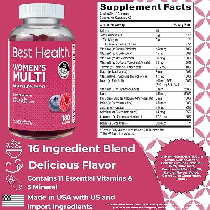Women’s Multivitamin Gummies, Multivitamin for Women with Biotin, Folic Acid, Vitamins A,C,D,E,Natural Mixed Berry Flavor (180ct)