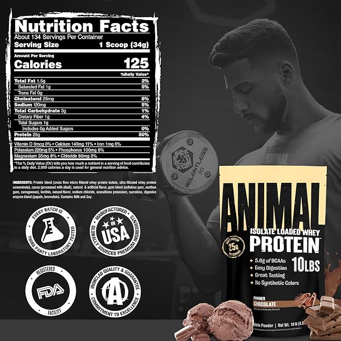 Animal Whey Isolate Protein Powder - Loaded for Pre & Post Workout Muscle Builder and Recovery with Digestive Enzymes for Men & Women - 25g Protein, Great Taste, Low Sugar - Chocolate 10 lbs