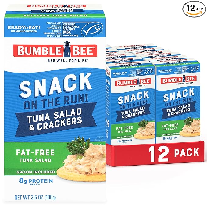 Bumble Bee Snack On The Run Fat-Free Tuna Salad with Crackers Kit- Ready to Eat, Spoon Included - Wild Caught Tuna - Shelf Stable & Convenient Protein Snack, 3.5 Ounce Boxes (Pack of 12)