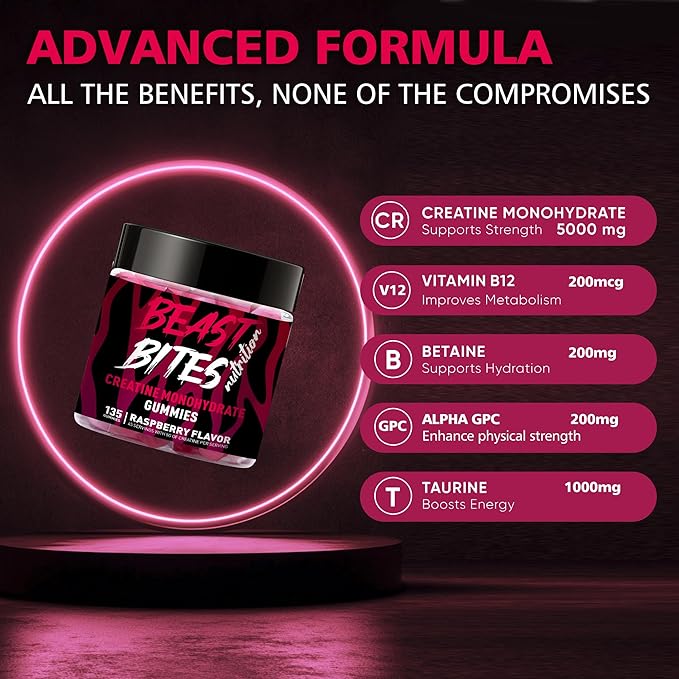Creatine Monohydrate Gummies for Men & Women - 5g of Creatine Monohydrate per Serving - Sugar Free,Vegan, Raspberry Flavor, 135 Count (45 Servings).