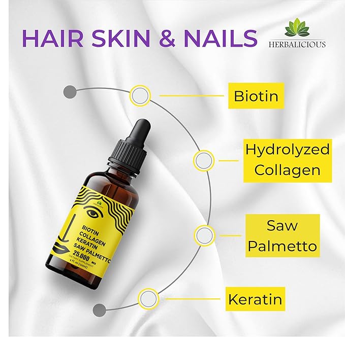 Liquid Biotin Collagen Keratin 4fl oz Liquid Supplements for Women - Comprehensive Formula Hair Skin Nails Supplement with 10000mcg Collagen 5000 mcg Biotin 5000 mcg Keratin 5000 mcg Saw Palmetto