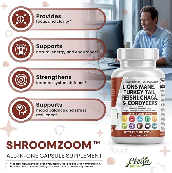 Clean Nutraceuticals Lions Mane 20in1 Mushroom Supplement with Turkey Tail Reishi Cordyceps Chaga Maitake Meshima Poria Cocos Shiitake Oyster Porcini Enoki (5)