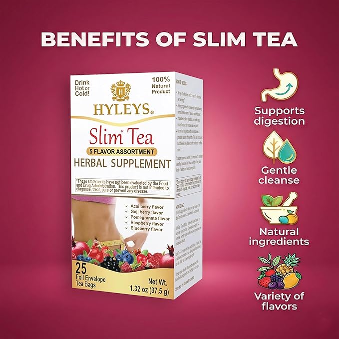 HYLEYS Slim Tea 5 Flavor Assortment - Weight Loss Herbal Supplement Cleanse and Detox - 25 Tea Bags (12 Pack) - Assorted Tea Variety Pack