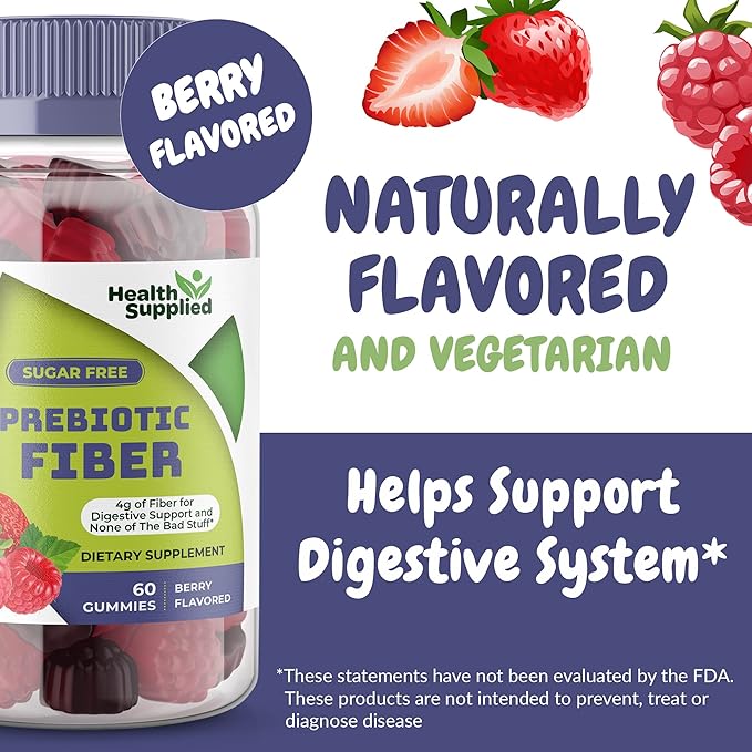 Health Supplied Mixed Berry Flavored Prebiotic Fiber Gummies - Supports Digestive System Gut Cleansing, Constipation Relief - Assists with Weight Loss Plan - Great Tasting and Easy to Swallow