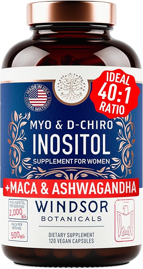 Myo-Inositol & D-Chiro Inositol 40:1 Ratio 2,000 mg - PCOS Supplements with Maca Root & Ashwagandha - Ovarian Health Support Vitamins - Hormone & Fertility Supplements for Women - 120 Vegan Caps