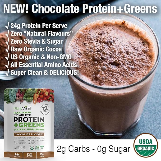 Plantvital Vegan Protein Powder Plant Based, Organic Protein Powder Chocolate 24g/0g Sugar, 12 Superfoods, Veggies, Probiotics, Raw Cocoa, Kale, Beets, Spirulina, Pea, Gluten-Free, Keto-Friendly,32oz