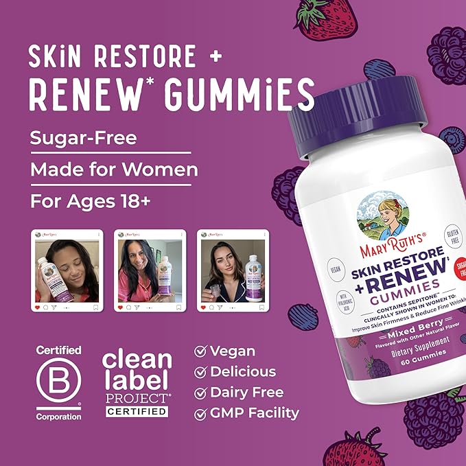 MaryRuth's Skin Restore + Renew Gummies With Hyaluronic Acid | Skin Hydration | Clinically Shown in Women to Reduce Fine Wrinkles & Improve Skin Firmness | Vegan Collagen Production | 60 Gummies