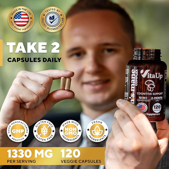 VitaUp Mushroom Supplement - USA Made 10 in 1 Mushroom Complex - Mushroom Capsules with Lions Mane, Cordyceps, Turkey Tail, Reishi, Shiitake for Cognitive & Immune Support - 120 Count