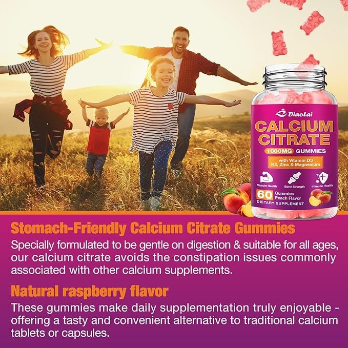 2 Pack Calcium Citrate Gummies - 1000mg per Serving - Supports Bone & Teeth Health with Vitamin D3 & K2 - Delicious Peach Flavor - Non-GMO, Gluten-Free - 120 Gummies