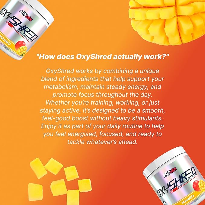 EHP Labs OxyShred Pre Workout Powder - Preworkout Powder with L Glutamine & Acetyl L Carnitine, Energy Boost Drink - Mango, 60 Servings