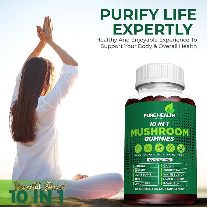 11-in-ONE Mushroom Complex Gummies - 10x Mushroom Supplement W Lions Mane - Nootropic Brain Supplement, Immune Support, All Natural 60 Count Gummies.