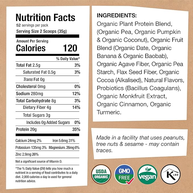 EarthChimp Organic Vegan Protein Powder - with Probiotics - Non GMO, Dairy Free, Non Whey, Plant Based Protein Powder for Women and Men, Gluten Free - 52 Servings 64 Oz (Vanilla)