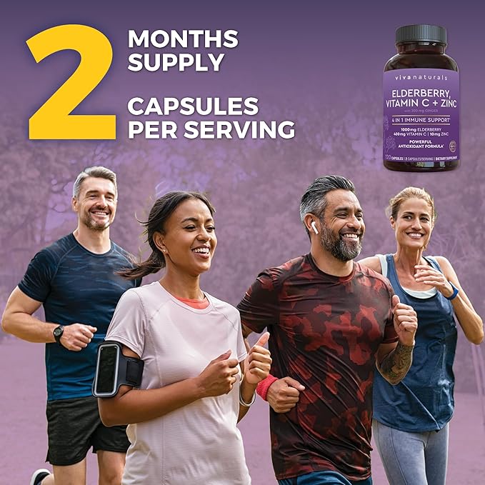 Viva Naturals Elderberry with Vitamin C and Zinc (120 Capsules) - 1000mg Sambucus Elderberry Immune Support Supplement, Black Elderberry Capsules for Adults, Elderberry Vitamins - 2 Months Supply