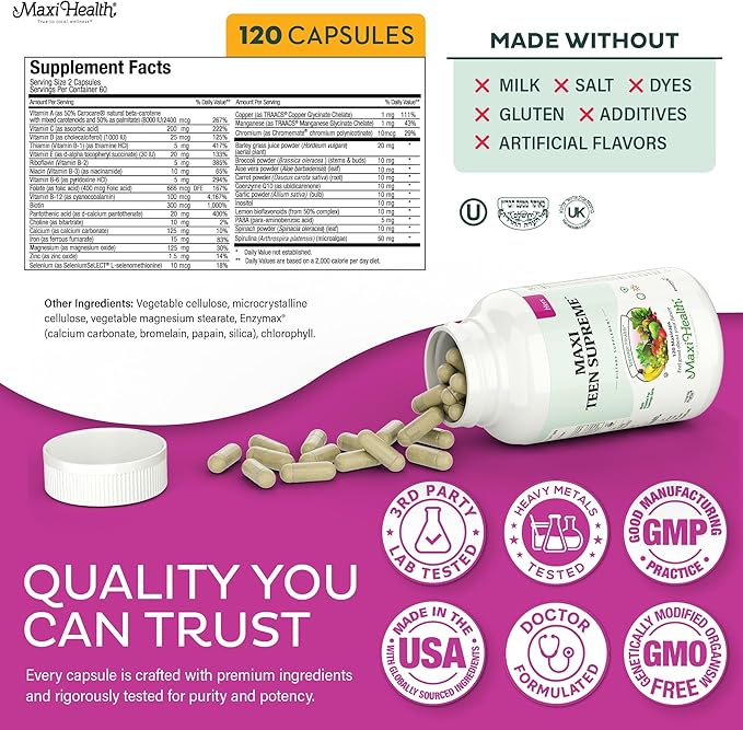 Maxi Health Teen Vitamins for Girls 12-17 - Teen Multivitamin D3, Iron, Calcium, Biotin, Zinc, Digestive Enzymes – Teenager Girl Multi Vitamins for Healthy Skin, Immune & Mood Support – 120 Count