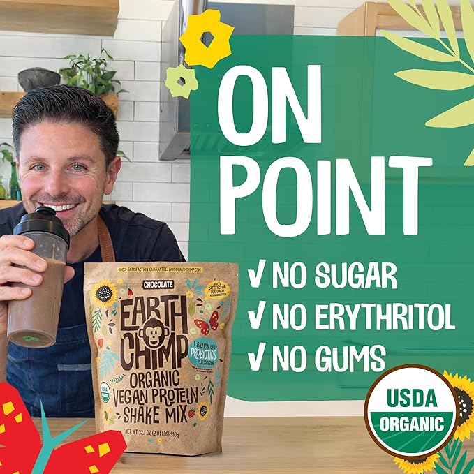 EarthChimp Organic Vegan Protein Powder - with Probiotics - Non GMO, Dairy Free, Non Whey, Plant Based Protein Powder for Women and Men, Gluten Free - 26 Servings 32 Oz (Vanilla) No Scoop
