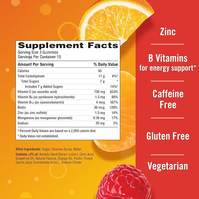 Emergen-C 750mg Vitamin C Gummies for Adults, Immunity Gummies with B Vitamins, Gluten Free, Orange, Tangerine and Raspberry Flavors, Back to School Essentials - 45 Count