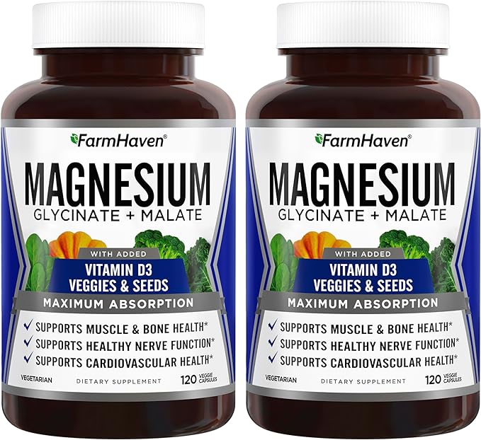 FarmHaven Magnesium Glycinate & Malate Complex w/Vitamin D3, 100% Chelated for Max Absorption- Bone Health, Nerves, Muscles, 240 Capsules, 120 Days