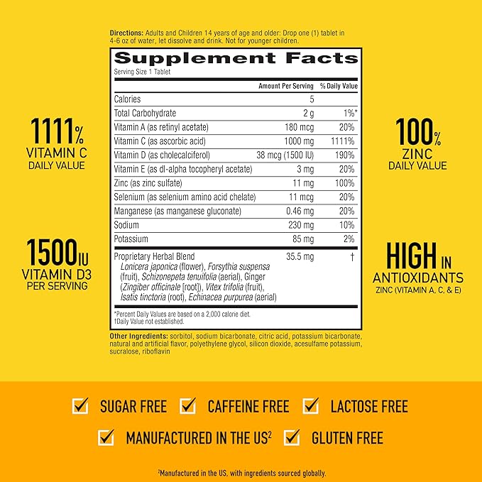 Airborne 1000mg Vitamin C with Vitamin D & Zinc, Sugar Free Multivitamin Immune Support Supplement, Antioxidants Vitamins A C & Vitamin E, 30 Effervescent Tablets, Zesty Orange Flavor