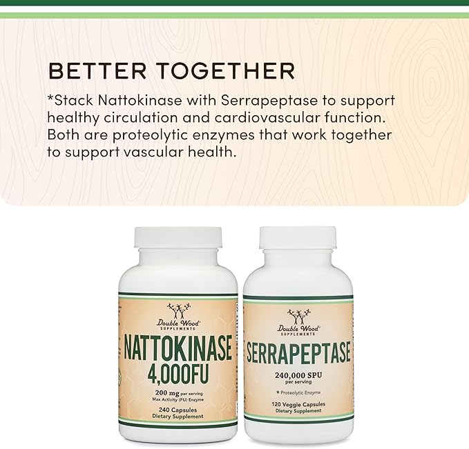 Nattokinase Supplement 4,000 FU Servings, 240 Capsules (Derived from Japanese Natto) Systemic Enzymes for Cardiovascular and Circulatory Support by Double Wood