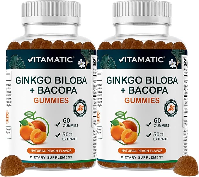 Vitamatic Ginkgo Biloba & Bacopa Gummies – Plant-Based Botanical Extract – Natural Peach Flavor – Vegan, Non-GMO, Gluten-Free – Herbal Supplement – 60 Count - 2 Pack (120 Count)
