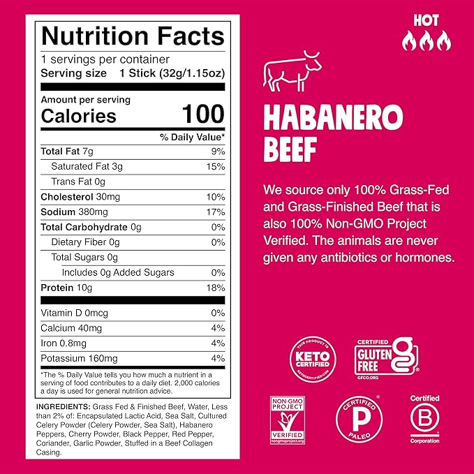 Chomps Grass-Fed and Finished Spicy Habanero Beef Jerky Snack Sticks 24-Pack - Keto, Paleo, Whole30, 10g Lean Meat Protein, Gluten-Free, Zero Sugar Food, Non-GMO