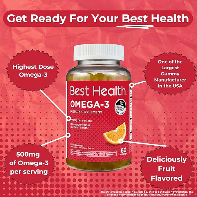 Omega-3 Gummies with 500mg of Omega-3 per Serving, Made from Algae, Natural Orange Flavor & Other Natural Flavors (60ct)