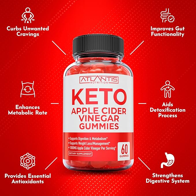 Atlantis Nutrition Keto ACV Gummies for Weight Loss - Apple Cider Vinegar Gummies Formulated to Support Advanced Weight Loss, Digestion, Detox & Cleansing, Made with 1000MG ACV Per Serving - 60 Count