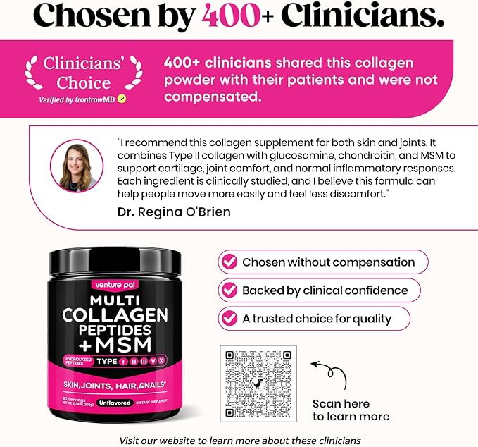 Venture Pal Multi Collagen Powder Type I, II, III, V, X – Hydrolyzed Collagen Peptides MSM, GC, Hyaluronic Acid Vitamin C | Collagen Supplement for Women | Joint, Hair, Skin & Nail Support | Non-GMO