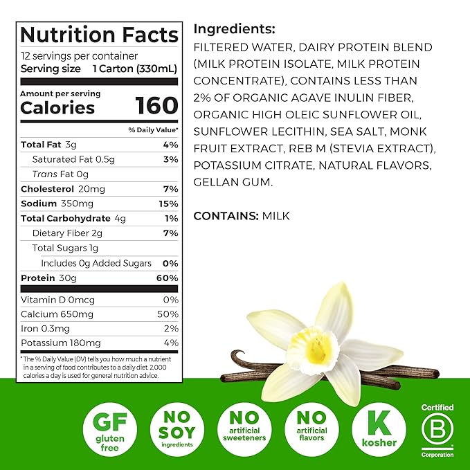 Orgain 30g High Protein Shake, Dairy Isolate Milk Protein, Vanilla Bean, 5g BCAAs, 1g Sugar per Serving, Meal Replacement, Ready to Drink, Keto Friendly, Gluten-Free, 11 Fl Oz, 12 Bottles
