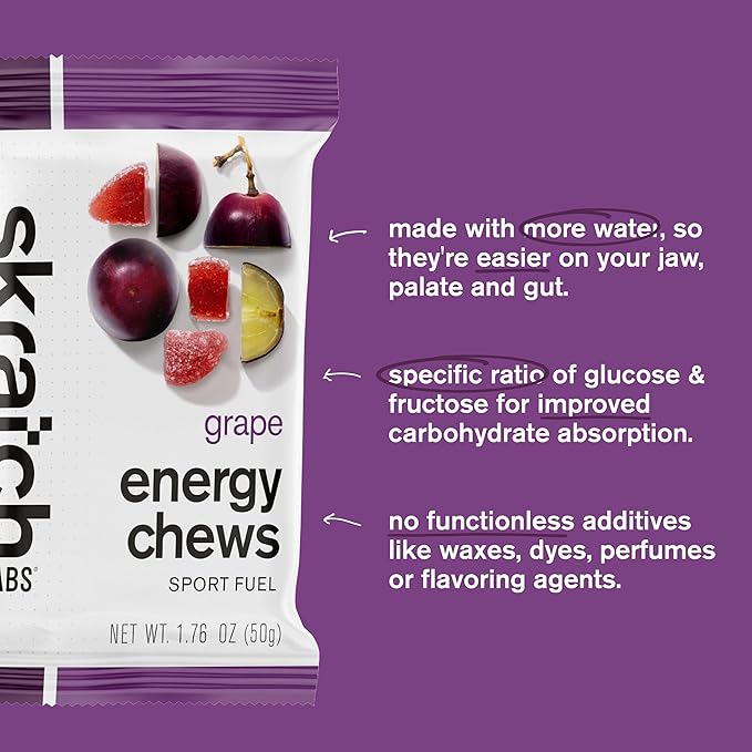 Skratch Labs Energy Chews | Gummies for Running, Cycling & Endurance Quick Carbs for Athletes, Easy to Digest, Real Fruit | Gel Alternative for Long Runs & Rides | Grape 10 Pack | Gluten Free, Vegan