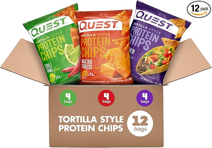 Quest Nutrition Tortilla Style Protein Chips Variety Pack, Chili Lime, Nacho Cheese, Loaded Taco, Low Carb, High Protein, Gluten Free, 1.1 oz (Pack of 12)