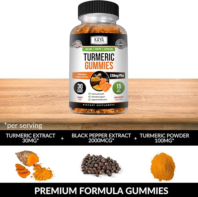 Kaya Naturals Turmeric Supplements Gummies - Pure Nature Turmeric Curcumin -Turmeric Ginger Gummies - 30 Count Gummy - Turmeric with Black Pepper Extract