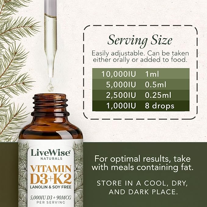 Live Wise Naturals Vegan D3 K2 Vitamin 5000 IU, 90 MCG (MK-7) Drops - 60 Servings, Ultra Concentrated Formulation, and Fast Absorption - Precision Micro-Dosing Dropper for Cognitive & Immune Support