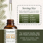 Live Wise Naturals Vegan D3 K2 Vitamin 5000 IU, 90 MCG (MK-7) Drops - 60 Servings, Ultra Concentrated Formulation, and Fast Absorption - Precision Micro-Dosing Dropper for Cognitive & Immune Support