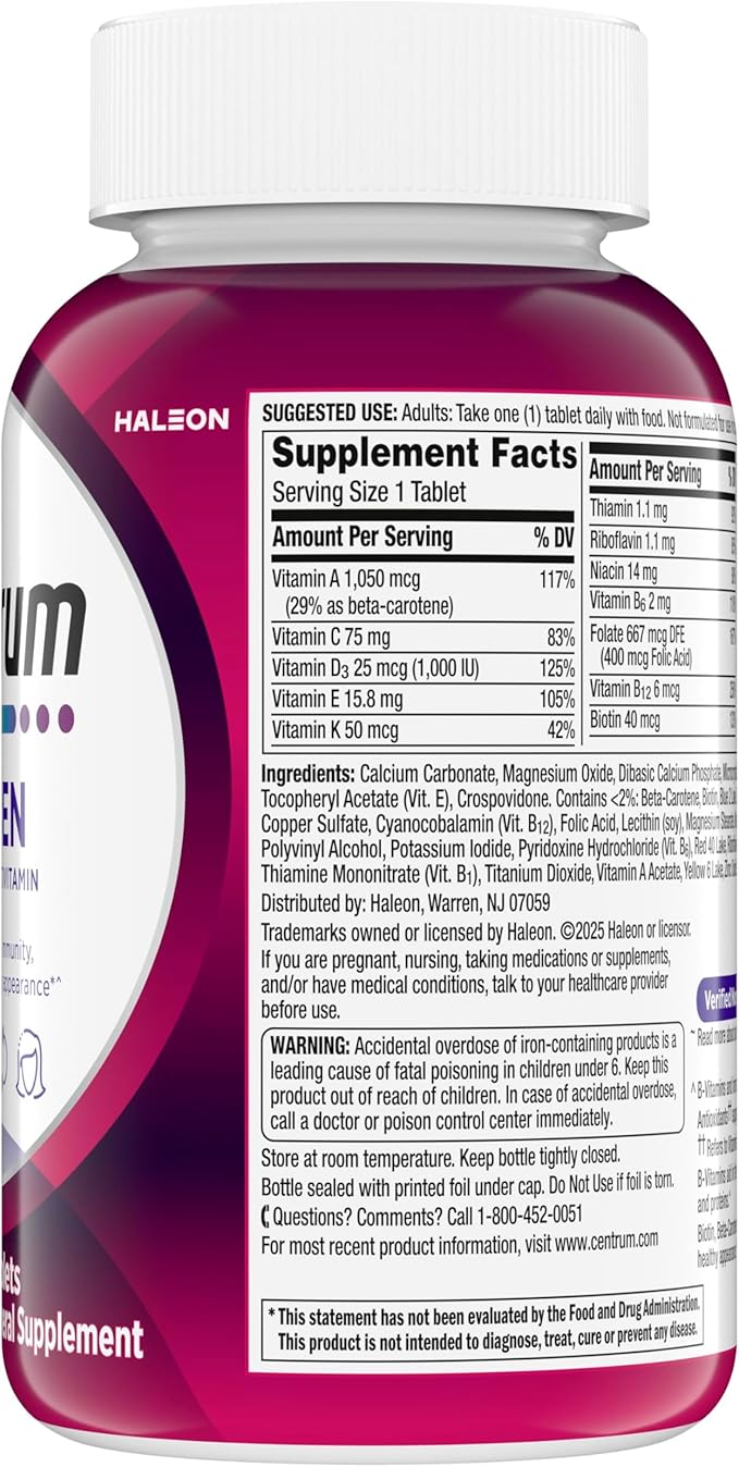 Centrum Multivitamin Tablet for Women, Multivitamin/Multimineral Supplement with Iron, Vitamin D3, B Vitamins and Antioxidant Vitamins C and E, Gluten Free, Non-GMO Ingredients - 200 Count