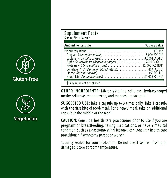 Flora - Enzyme Blend of Seven Vegetarian Enzymes, Supports Optimal Digestion of Proteins, Fast, Carbs, Fiber and Complex Sugars, Provides Relief from Lactose Intolerance, 60 Vegetarian Capsules