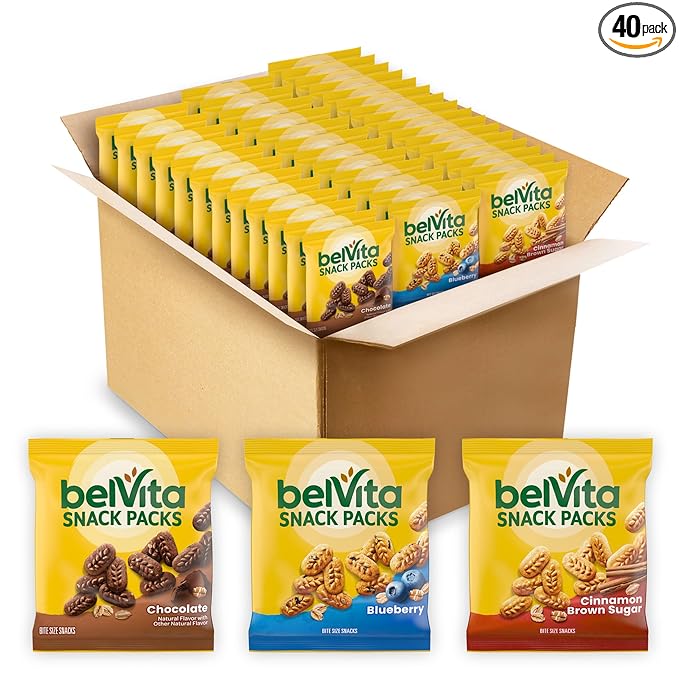 belVita Bite Size Snacks Variety Pack, Blueberry, Chocolate and Cinnamon Brown Sugar Crunchy Bites, 40 Snack Packs