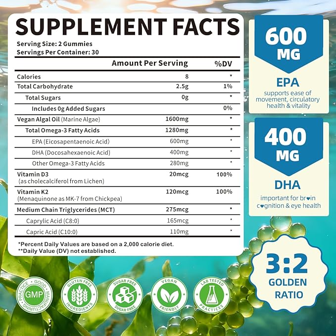 Vegan Omega-3 Gummies 1600mg EPA & DHA from Algal Oil, Fish Oil Alternative for Adults & Kids, Omega 3 Supplement with Vitamin D3 K2 for Brain, Eye & Immune Health Sugar Free Pineapple, 120 Count