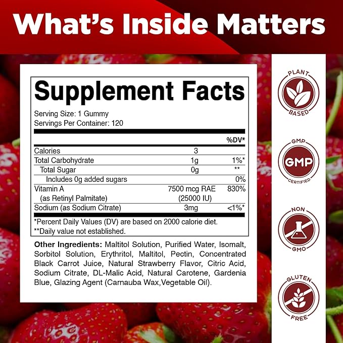 Vitamatic Sugar Free Vitamin A 25000 IU Gummies (Retinyl Palmitate) - Natural Strawberry Flavor - 120 Pectin Based Gummies (2 Bottles)