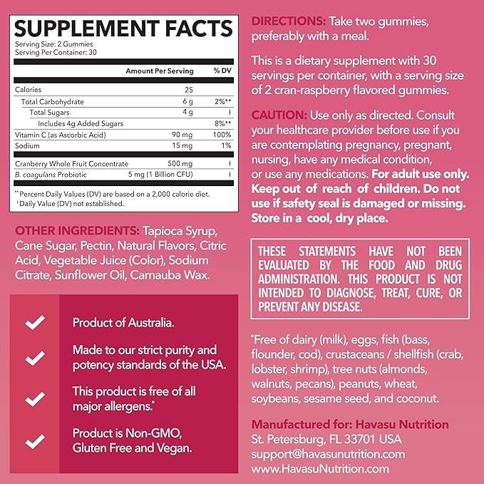 Probiotic Cranberry Gummies for Women - Urinary Tract Health and pH Balance - 1 Billion CFU of Lactobacillus for Bladder Support and Vaginal Wellness - Cran-Raspberry Flavor, 60 count, 1-Month Supply