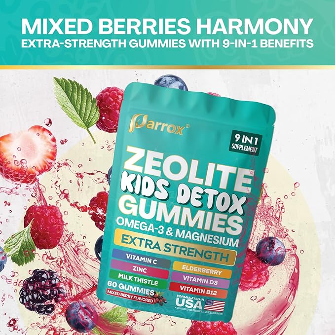 Zeolite Kids Detox Gummies, 9-in-1 Extra Strength with Zeolite, Omega-3, Magnesium, Elderberry, Vitamin C, Milk Thistle, Vitamin D3, Zinc, B12 – Sugar-Free (Mixed Berry Flavor - 2 Pack)