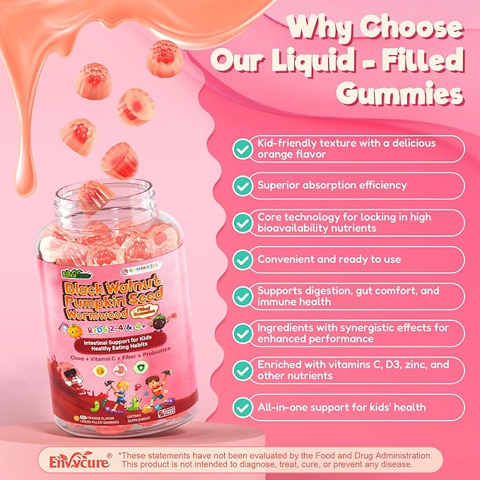 Toddler 2-4 & Kids 4+ Para Clean Gut Health Gummies w/Black Walnut, Wormwood, Clove, Pumpkin Seeds, Vitamin C, D3, Zinc, Digestive Supplement for Natural Gut Cleanse, Kids Immune Support (60cts)
