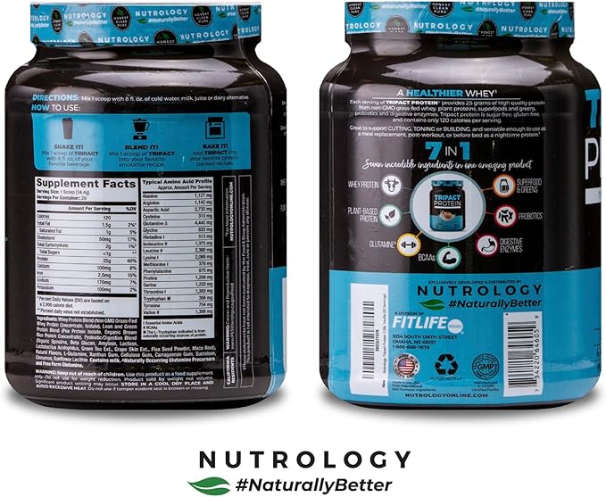 Nutrology TRIPACT Protein Powder - 7-in-1 Meal Replacement Shake with Grass Fed Whey Protein Powder, Pea, Rice, Greens for Muscle Recovery & Immunity, Vanilla Latte & Cinnamon Flavor, 20 Servings