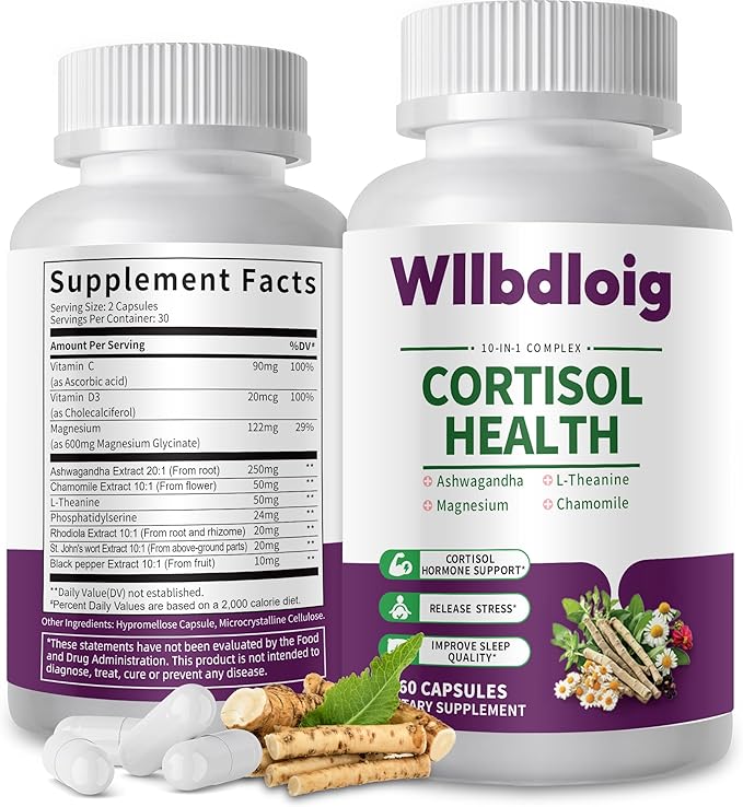 Cortisol Supplements for Women Men, High Cortisol Reducer Health, Detox Cortisol Manager for Stress Relief ,Mood and Sleep with Ashwagandha, L-Theanine, Lower and Control - Non-GMO,Vegan 60 Capsules