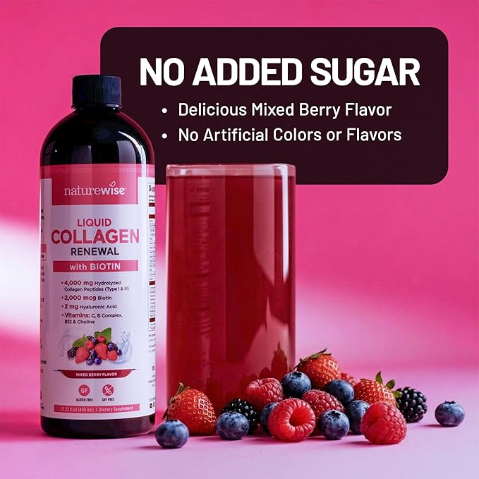 NatureWise Hydrolyzed Liquid Collagen for Women & Men 4000mg - Multi Collagen Peptides + Biotin + Vitamin C + Vitamin B Complex & Hyaluronic Acid - Mixed Berry - 15.22 fl oz[45 Day Supply]