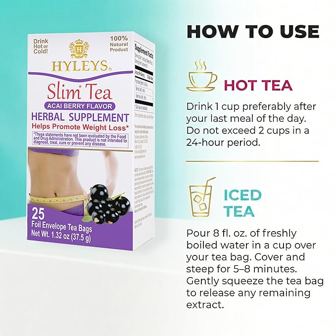 Hyleys Slim Tea Acai Berry Flavor - Weight Loss Herbal Supplement Cleanse and Detox - 25 Tea Bags (12 Pack)