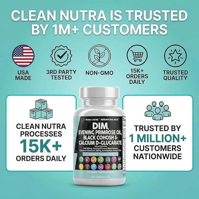 Clean Nutraceuticals DIM Evening Primrose Black Cohosh Calcium D-Glucarate Sulforaphane Flax Seed Extract - Hormonal Support Vitamins for Women with Dong Quai - 60 Caps