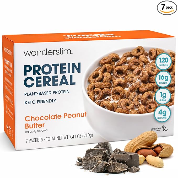 WonderSlim Protein Cereal, Chocolate Peanut Butter, Low Sugar, Gluten Free, Keto Friendly & Low Carb (7ct)