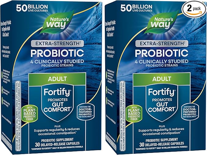 Nature's Way Extra Strength(1) Fortify Probiotic,Probiotics for Digestive Health,Prebiotics,50 Billion Live Cultures,Digestive & Immune Health Support*,30 Capsules,(Pack of 2)